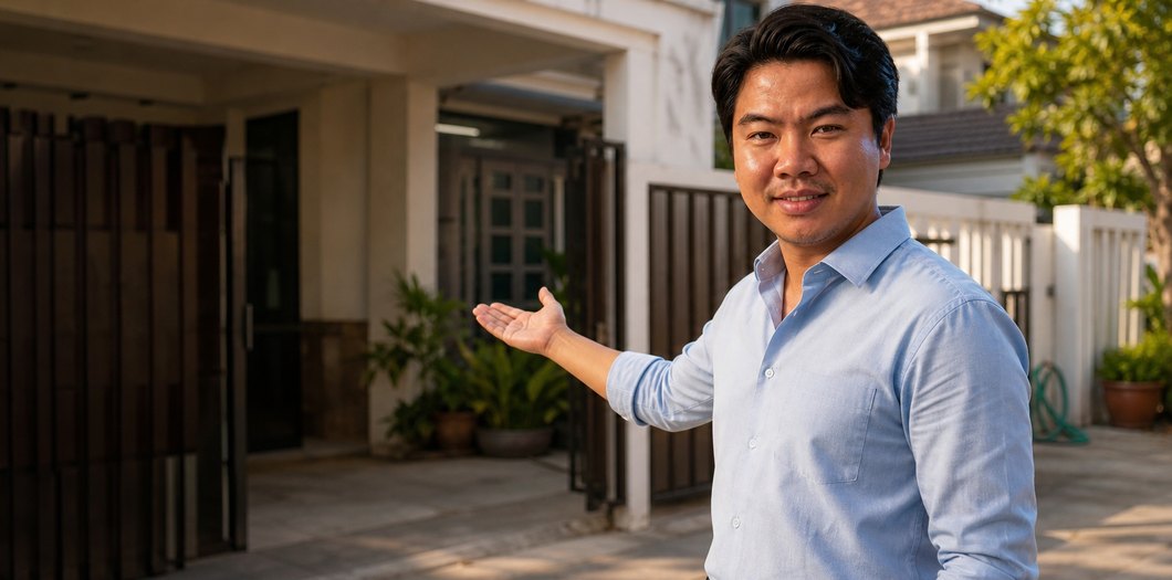 กฤศ กวินทัศน์ ยืนต้อนรับหน้าบ้านที่รับซื้อ